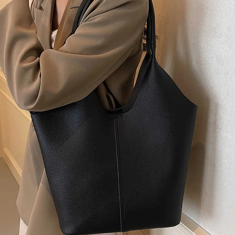 PT'SON Synthetic Leather Shoulder Bag, Bucket Bag, Shoulder Bag Women's Black/Brown-4
