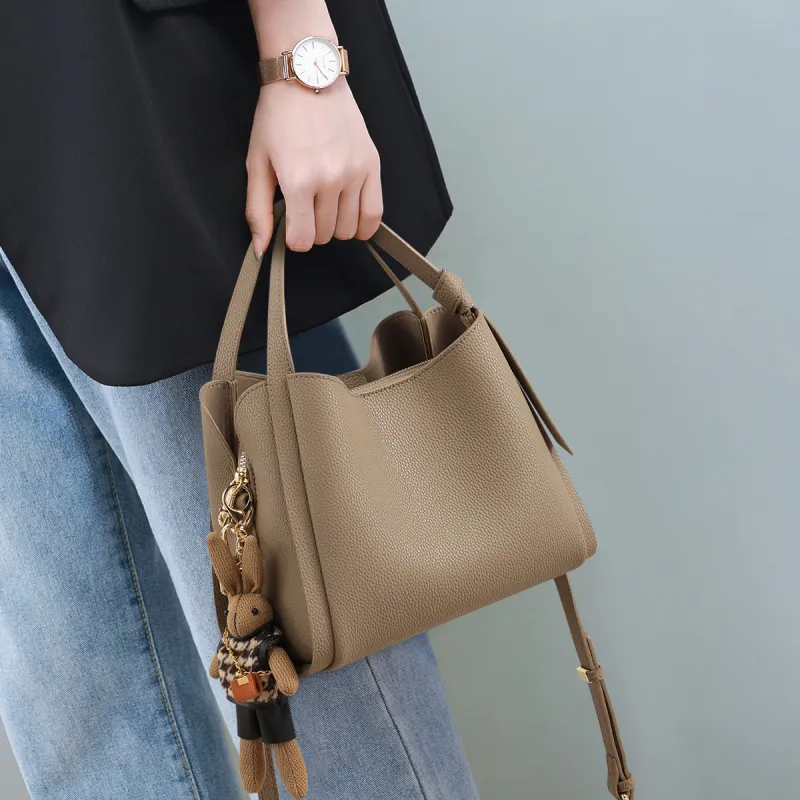 PT'SON Cow Leather Basket Bag, Bucket Bag, Handbag, Crossbody Bag, Shoulder Bag Regular Women's Elephant Gray/Ecru-1