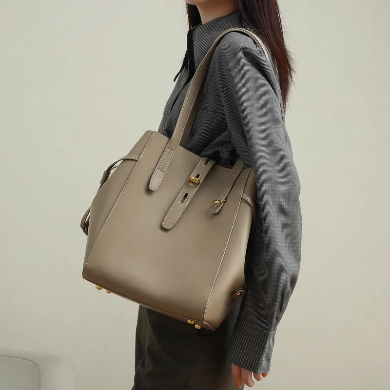PT'SON Cow Leather With Synthetic Leather Tote Bag, Shoulder Bag, Handbag Women's Elderberry Brown/Khaki-9