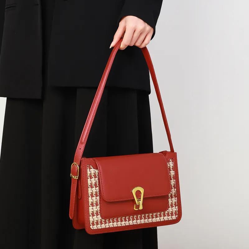 PT'SON Cow Leather, Synthetic Leather Fabric Small Square Bag Underarm Shoulder Bag Regular Women's Cherry Red-3
