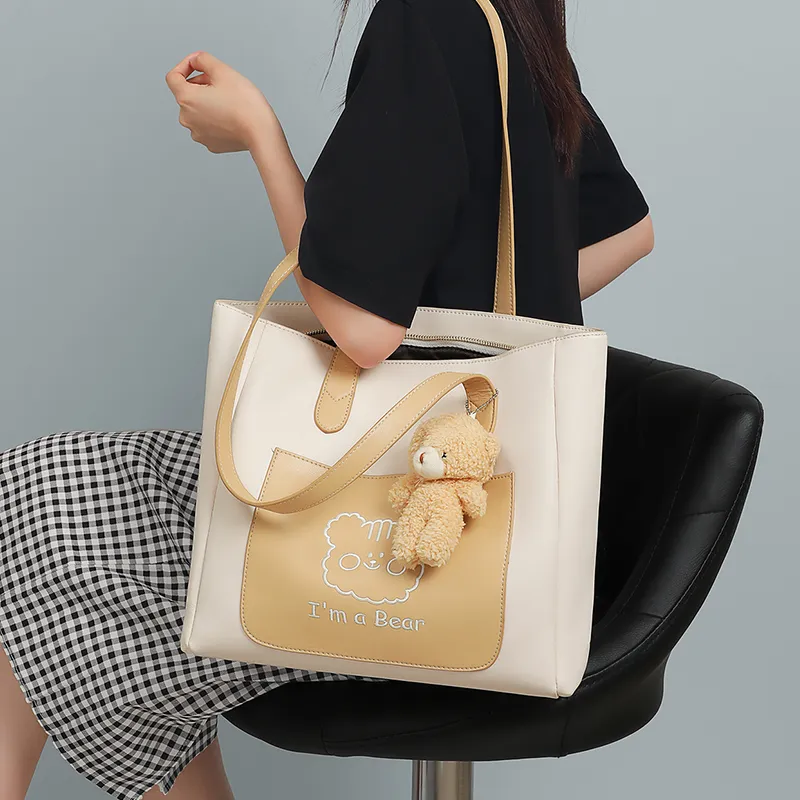 PT'SON Cow Leather Tote Bag Portable Underarm Shoulder Bag Regular Women's Beige-2