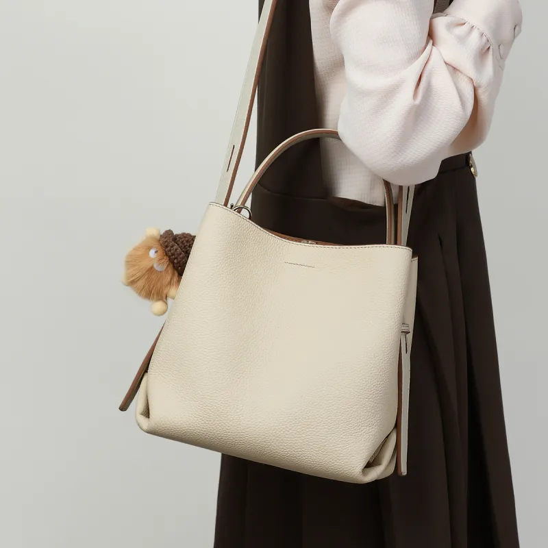 PT'SON Cow Leather, Synthetic Leather Bucket Bag Handbag Regular Women's Vanilla/Cool Tea Brown/Hot Cocoa-7