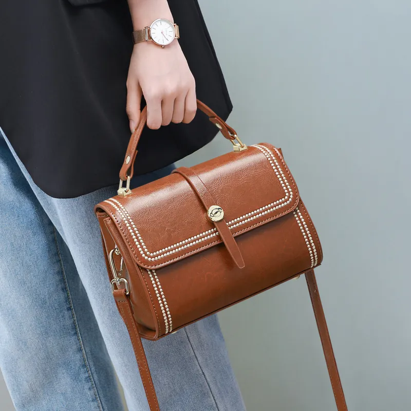 PT'SON Cow Leather With Synthetic Leather Handbag, Shoulder Bag, Crossbody Bag Small Size Women's Brown-1