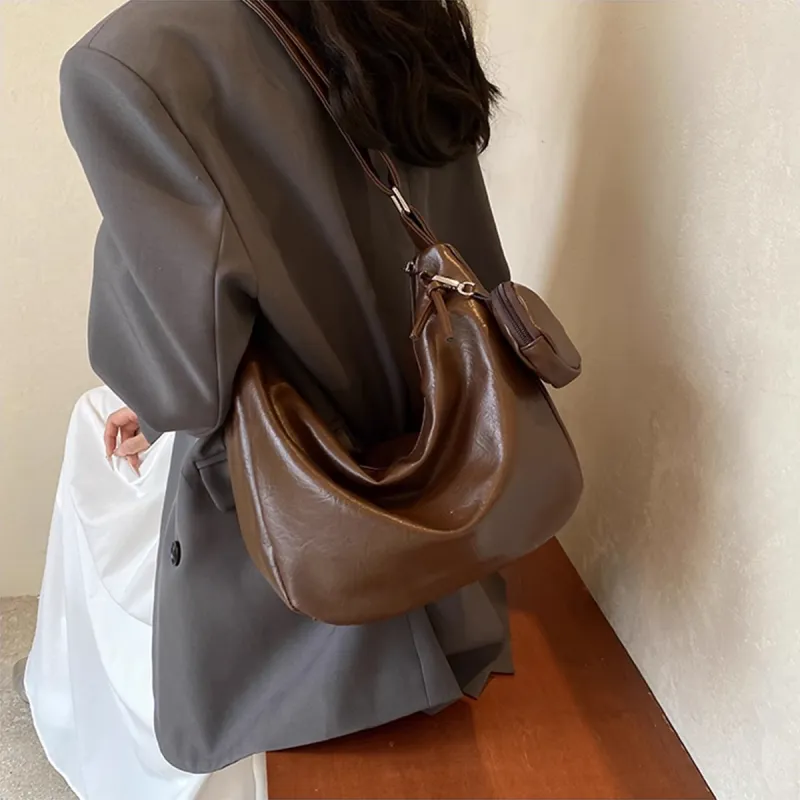 PT'SON Synthetic Leather Dumpling Bag, Underarm Shoulder Bag, Crossbody Bag Regular Women's Brown/Black-3