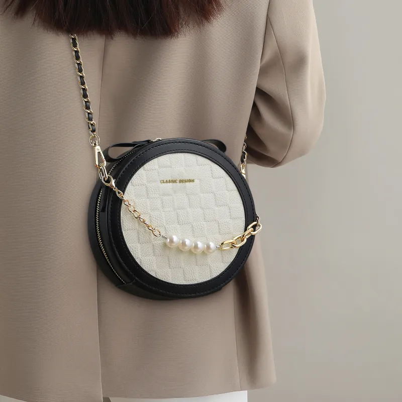 PT'SON Cow Leather Small Round Bag Shoulder Bag Trumpets Women's Black & White-3