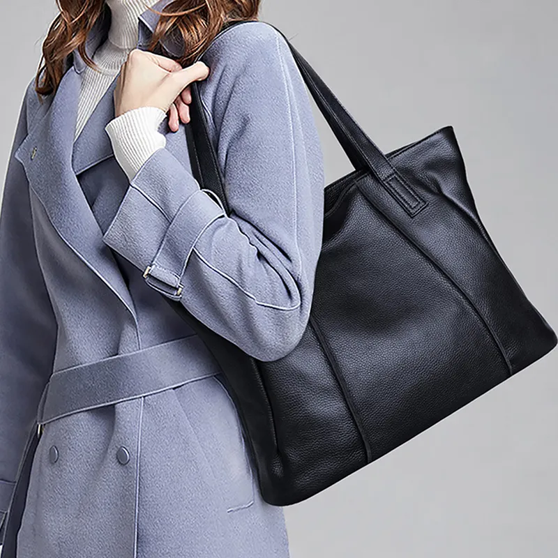 PT'SON Cow Leather With Synthetic Leather Tote Handbag, Shoulder Bag, Mom Bag Tubas Women's Black-3