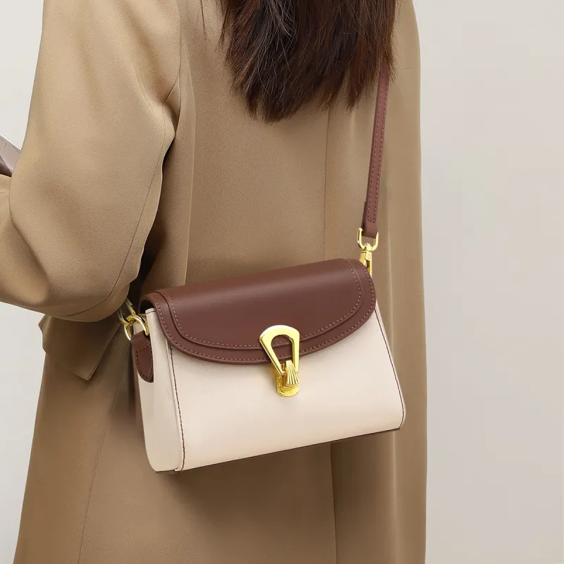 PT'SON Cow Leather Shoulder Bag, Crossbody Bag, Small Square Bag Regular Women's Ecru & Coffee-1