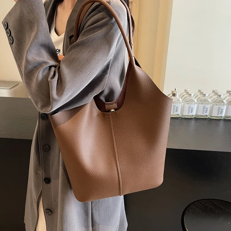 PT'SON Synthetic Leather Shoulder Bag, Bucket Bag, Shoulder Bag Women's Black/Brown-10