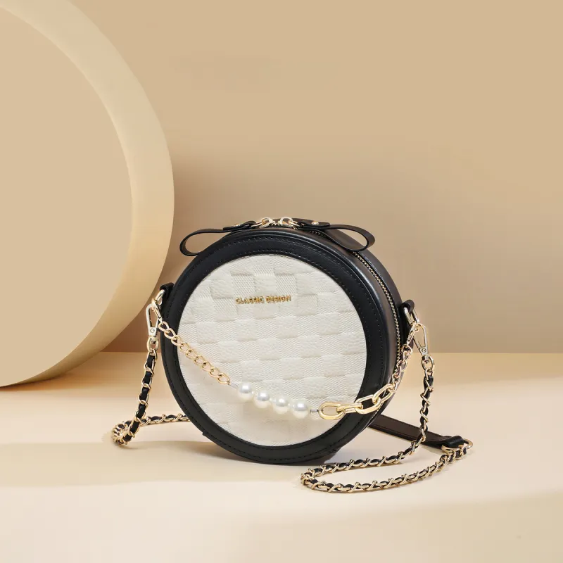 PT'SON Cow Leather Small Round Bag Shoulder Bag Trumpets Women's Black & White-4