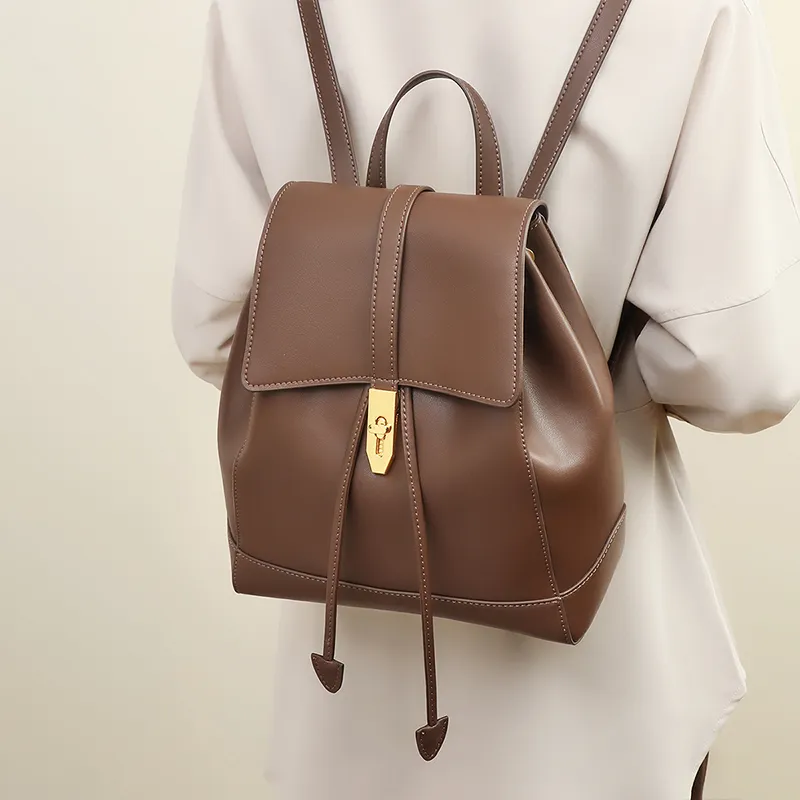 PT'SON Split Cow Leather With Synthetic Leather Backpack Regular Women's Coffee/White & Coffee-1