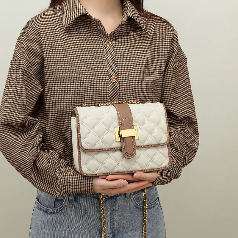PT'SON Cow Leather Small Square Bag, Underarm Crossbody Bag, Shoulder Bag Regular Women's Ecru/Black-3