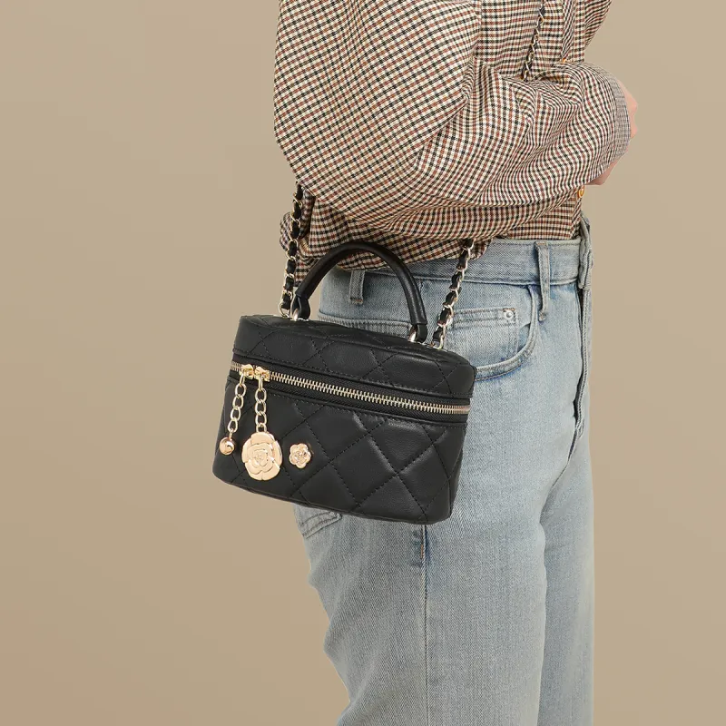 PT'SON Cow Leather Handbag Shoulder Bag Crossbody Bag Bucket Bag Box Bag Regular Women's Black-5