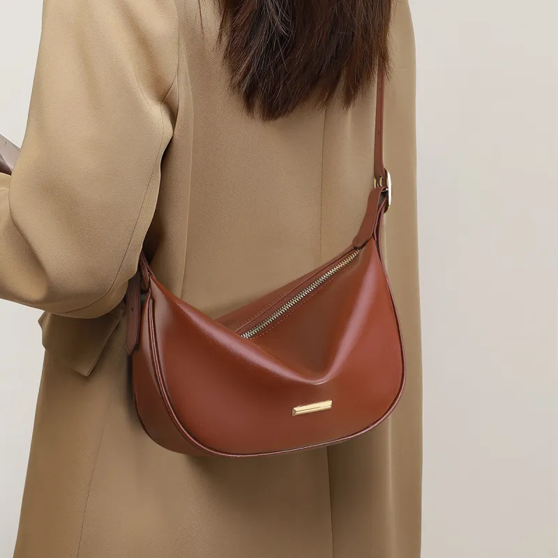 PT'SON Cow Leather With Synthetic Leather Underarm Shoulder Bag Dumpling Bag, Crossbody Bag Regular Women's Brown-1