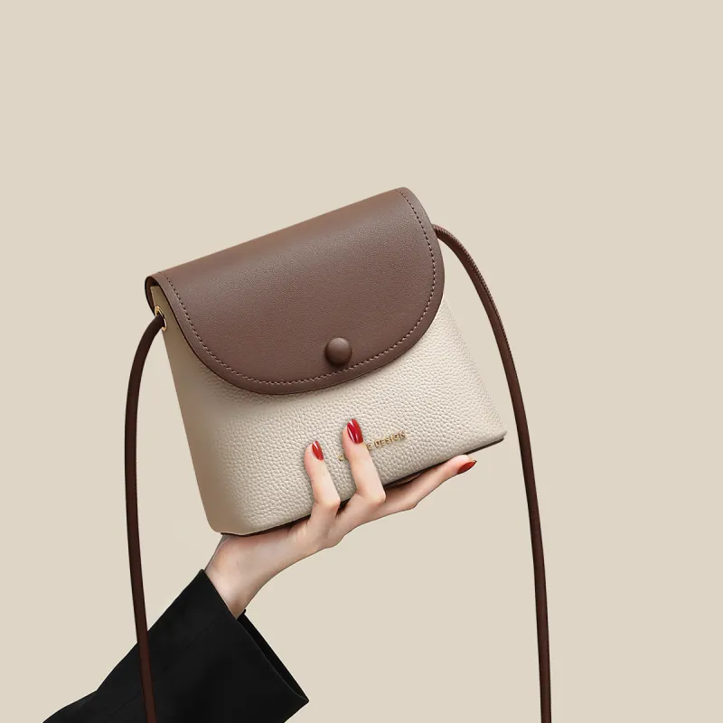 PT'SON Cow Leather Bonded Synthetic Leather One Shoulder Cell Phone Pouch Crossbody Bag Regular Women's Ecru Coffee-2