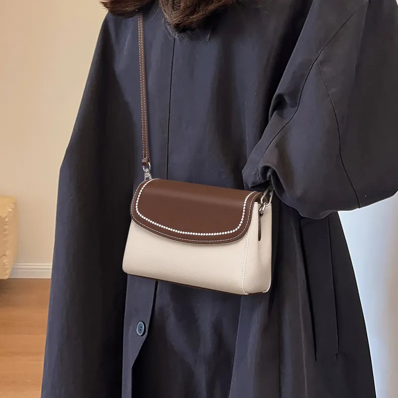 PT'SON Cow Leather Small Square Bag Shoulder Bag Women's White & Coffee-2