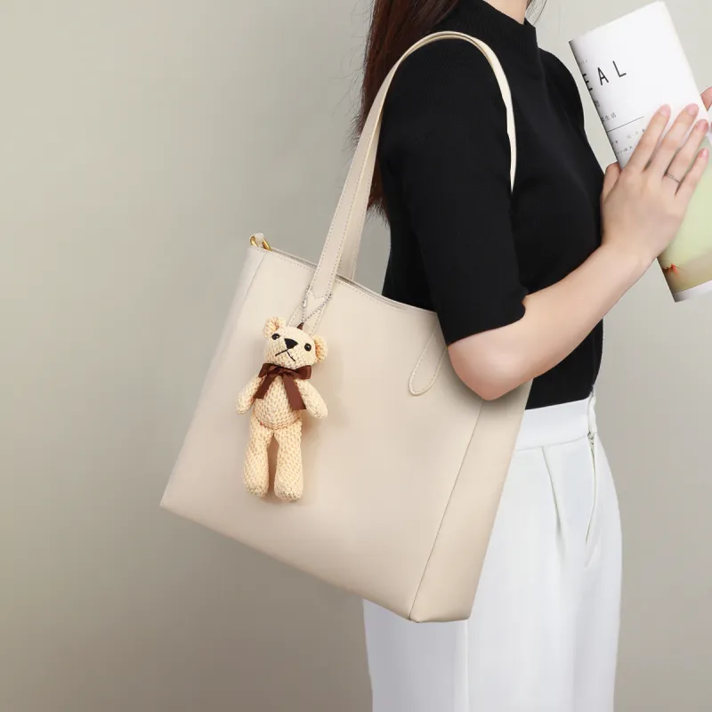PT'SON Cow Leather Tote Bag, Shopping Bag, Portable Underarm Shoulder Bag Regular Women's Ecru/Smoke Gray-2