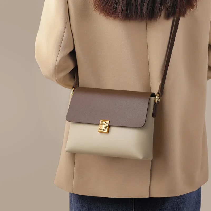 PT'SON Cow Leather Shoulder Bag, Crossbody Bag Medium Size Women's Gold Brown/Beige Coffee/Coffee-4