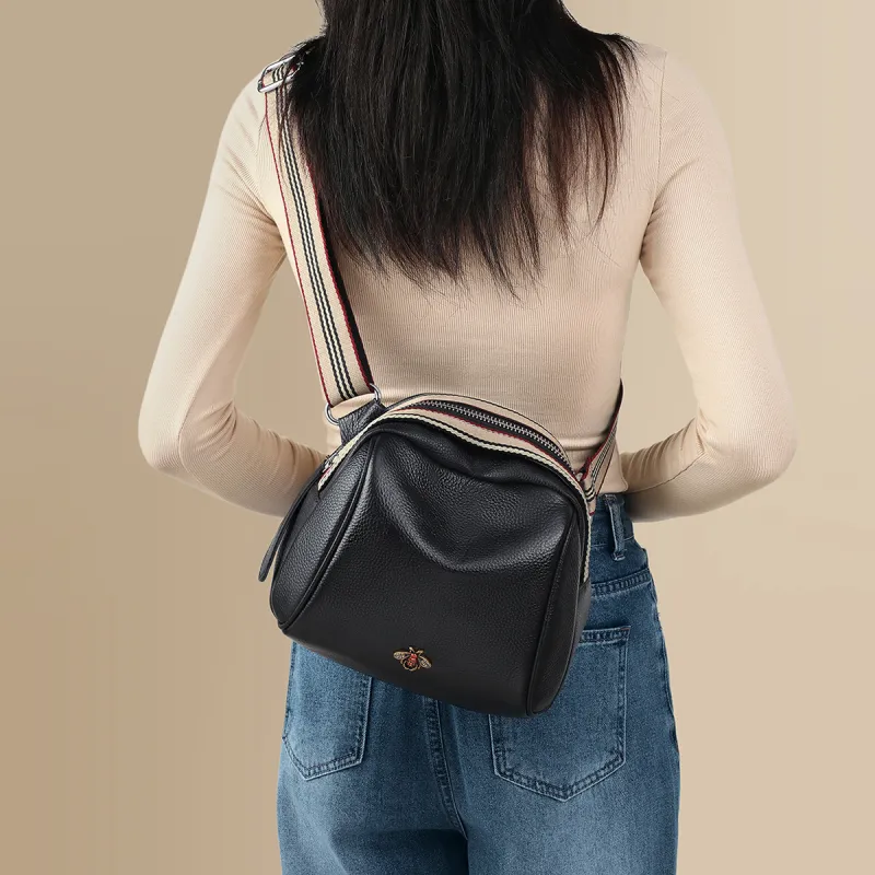 PT'SON Cow Leather With Synthetic Leather Shoulder Bag, Crossbody Bag Regular Women's Black-4