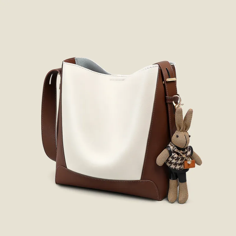 PT'SON Cow Leather With Synthetic Leather Shoulder Bag Women's Ecru Coffee-4