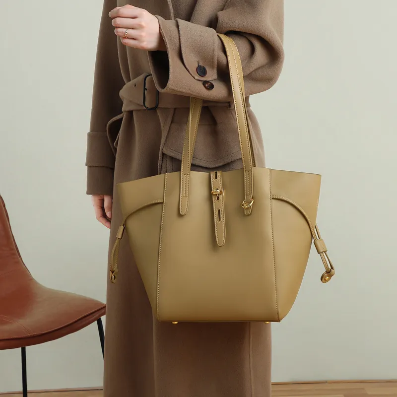 PT'SON Cow Leather With Synthetic Leather Tote Bag, Shoulder Bag, Handbag Women's Elderberry Brown/Khaki-3