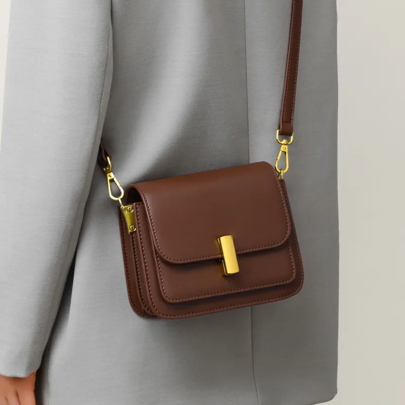 PT'SON Cow Leather With Synthetic Leather Small Square Bag Shoulder Bag, Crossbody Bag Trumpets Women's Coffee/Ecru-2