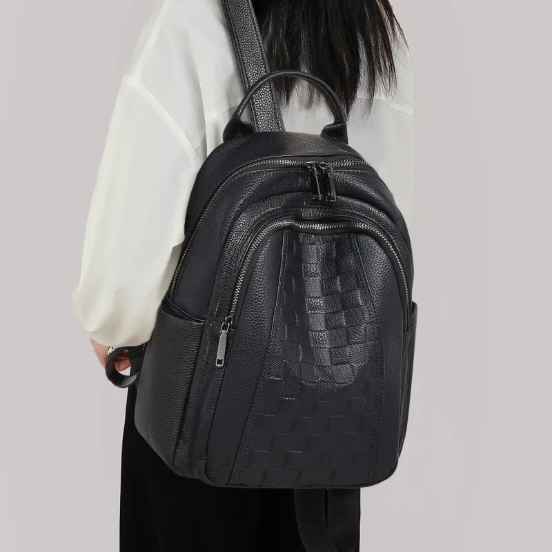 PT'SON Cow Leather Backpack Regular Women's Black/Ecru-1