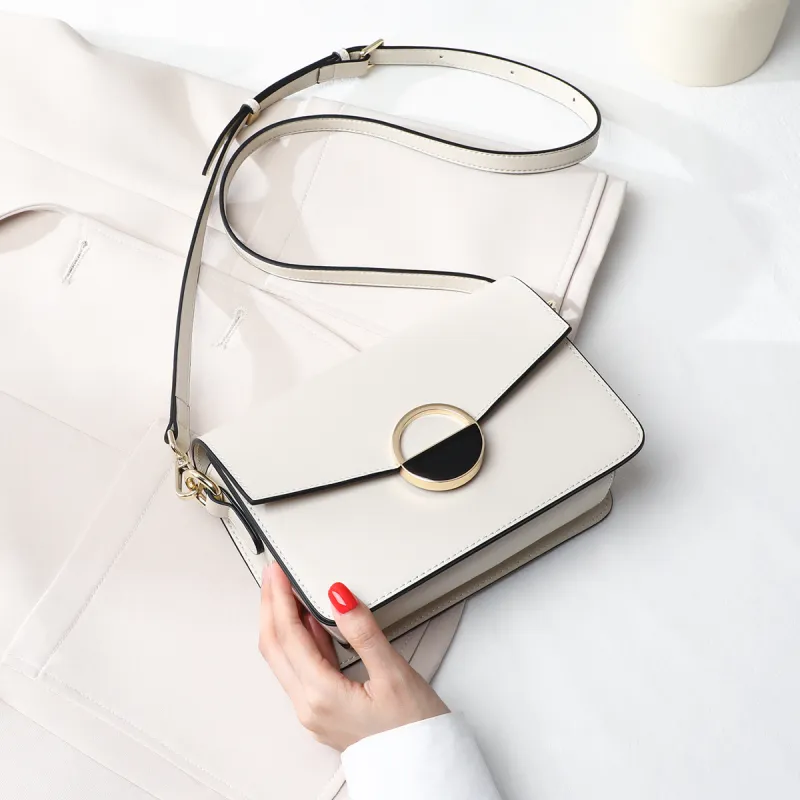 PT'SON Cow Leather Small Square Bag Shoulder Bag Crossbody Bag Regular Women's Ecru/Black-1