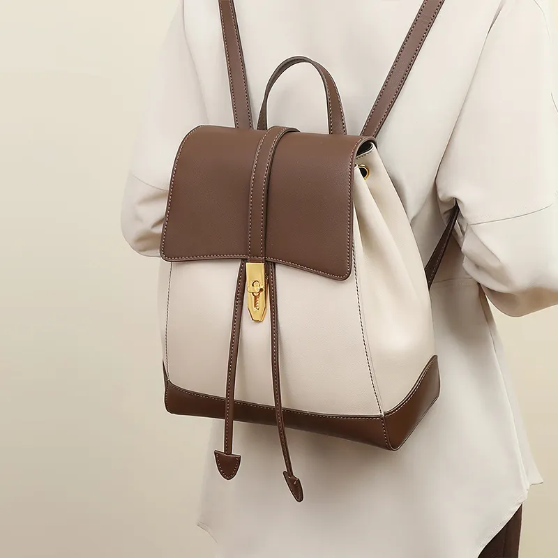 PT'SON Split Cow Leather With Synthetic Leather Backpack Regular Women's Coffee/White & Coffee-4