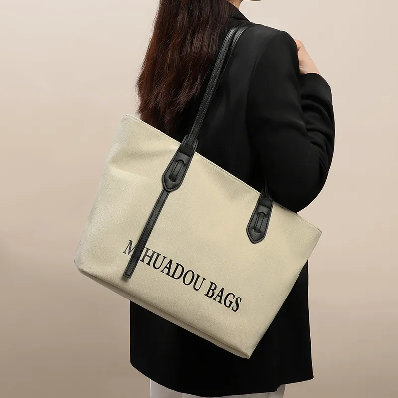 PT'SON Canvas Commute Bag, Tote Bag, Shopping Bag, Portable Underarm Shoulder Bag Tubas Women's White & Black-3