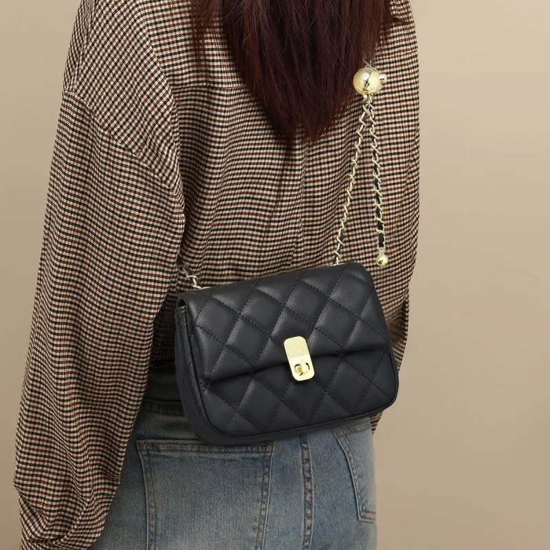 PT'SON Cow Leather Small Square Bag, Chain Bag, Diamond Pattern, Shoulder Bag Women's Black-6