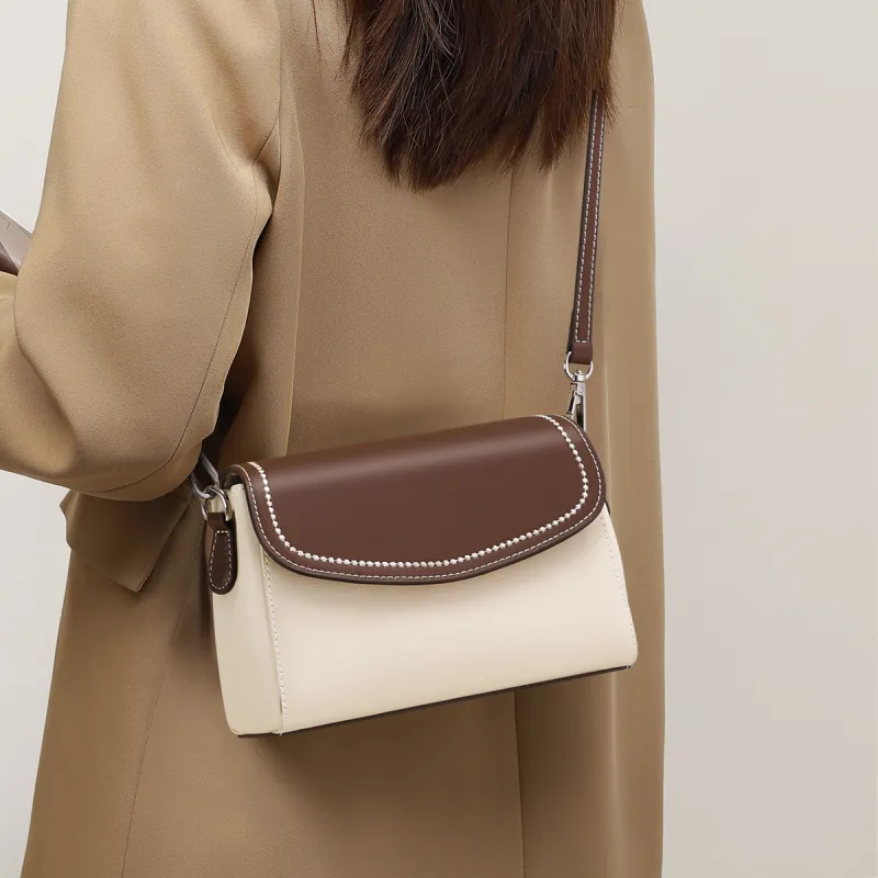PT'SON Cow Leather Small Square Bag Shoulder Bag Women's White & Coffee-1