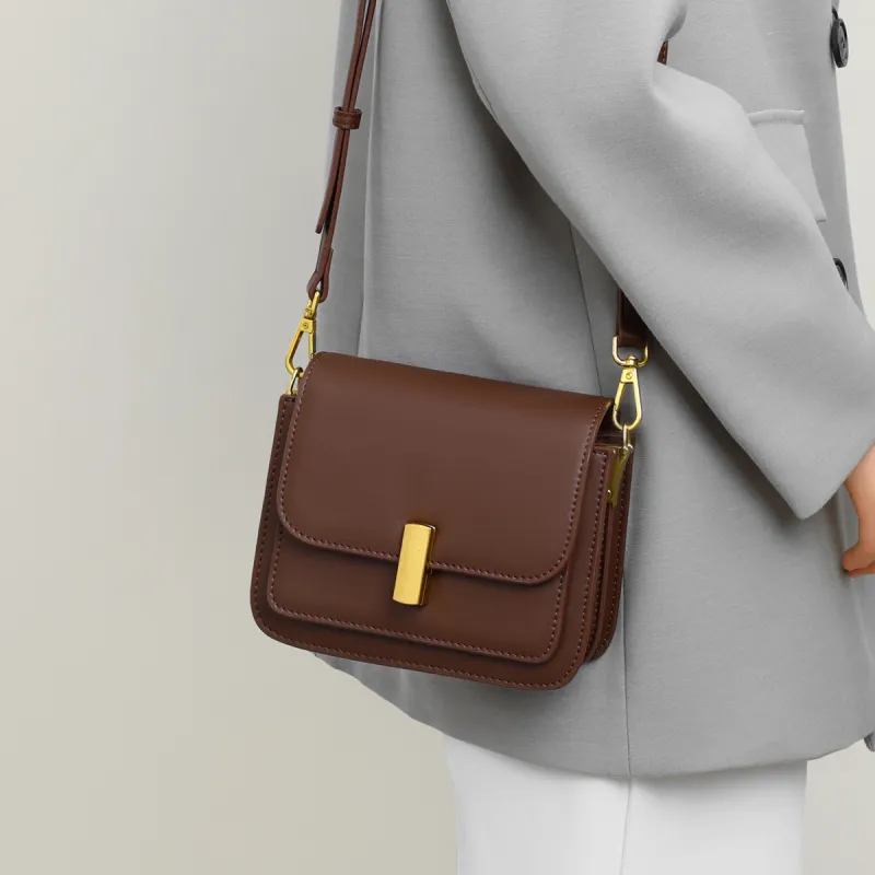 PT'SON Cow Leather With Synthetic Leather Small Square Bag Shoulder Bag, Crossbody Bag Trumpets Women's Coffee/Ecru-1