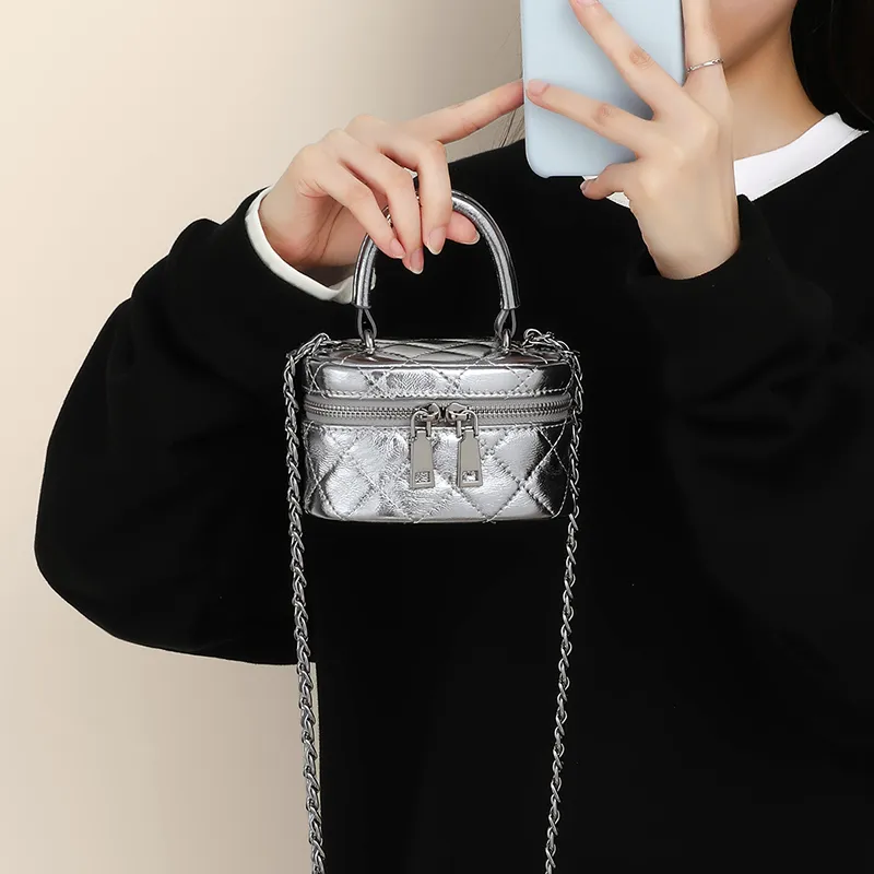 PT'SON Cow Leather Box Bag Handbag Shoulder Bag Crossbody Bag Regular Women's Silver-7