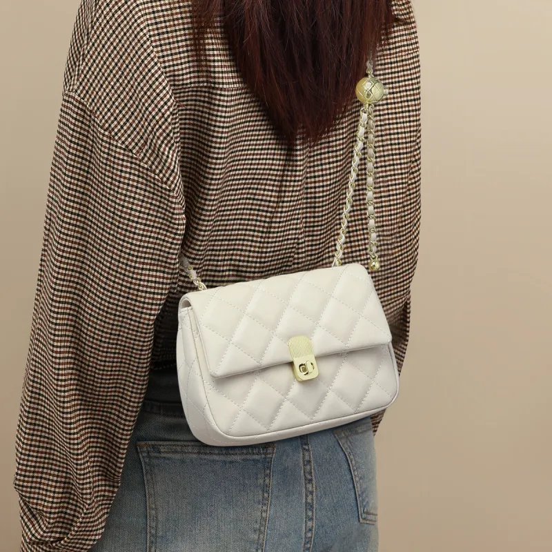 PT'SON Cow Leather Small Square Bag, Chain Bag, Diamond Pattern, Shoulder Bag Women's Black-1