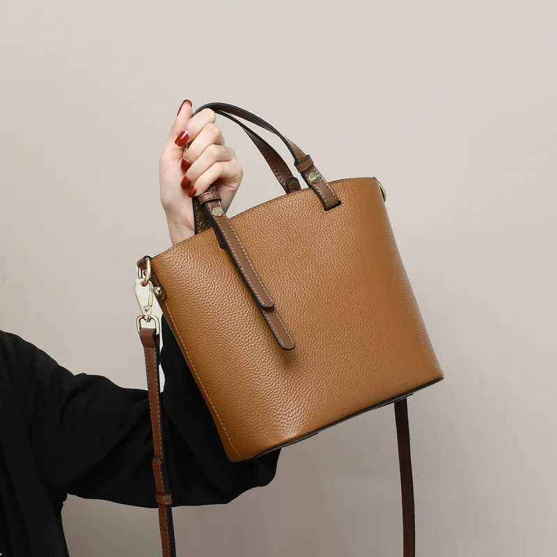 PT'SON Cow Leather Bucket Bag, One Shoulder Handbag Tubas Women's Caramel-2
