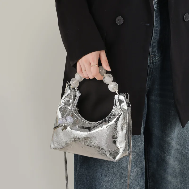 PT'SON Cow Leather Shoulder Bag Crossbody Bag Handbag Chain Bag Regular Women's Silver-1