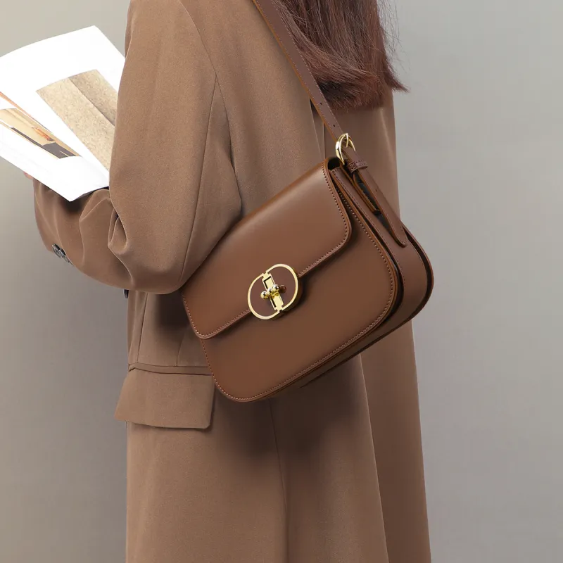PT'SON Cow Leather With Synthetic Leather Small Square Bag, Crossbody Bag, Shoulder Bag Women's Caramel-4