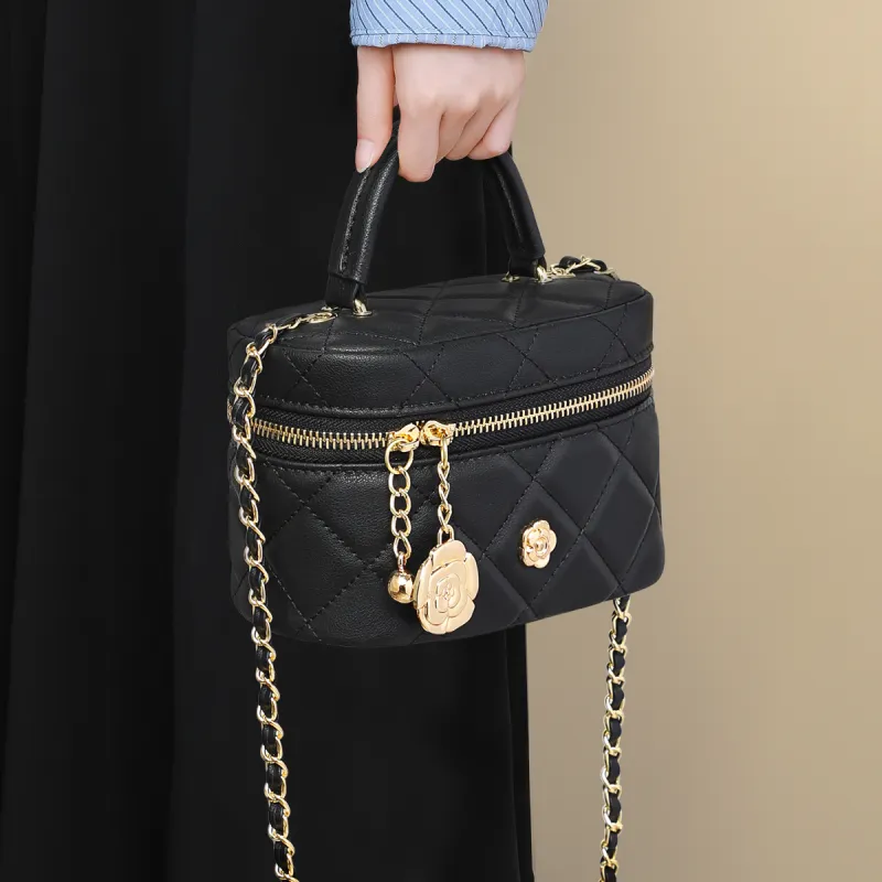 PT'SON Cow Leather Handbag Shoulder Bag Crossbody Bag Bucket Bag Box Bag Regular Women's Black-3