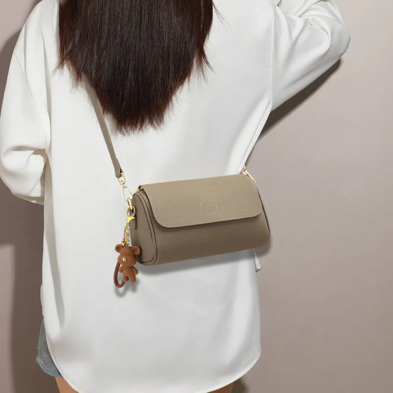 PT'SON Cow Leather Patchwork Synthetic Leather Shoulder Bag Crossbody Bag Cylinder Bag Regular Women's Elephant Gray-3