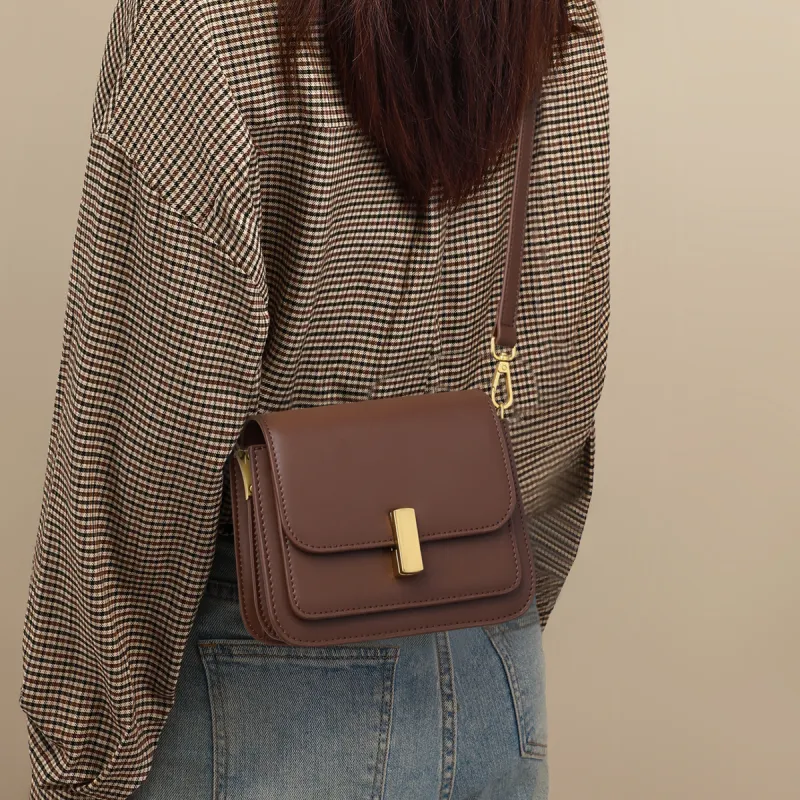 PT'SON Cow Leather With Synthetic Leather Small Square Bag Shoulder Bag, Crossbody Bag Trumpets Women's Coffee/Ecru-3