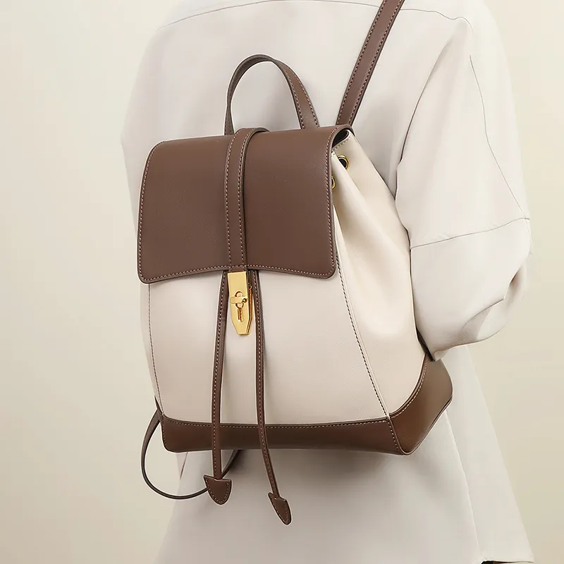 PT'SON Split Cow Leather With Synthetic Leather Backpack Regular Women's Coffee/White & Coffee-3