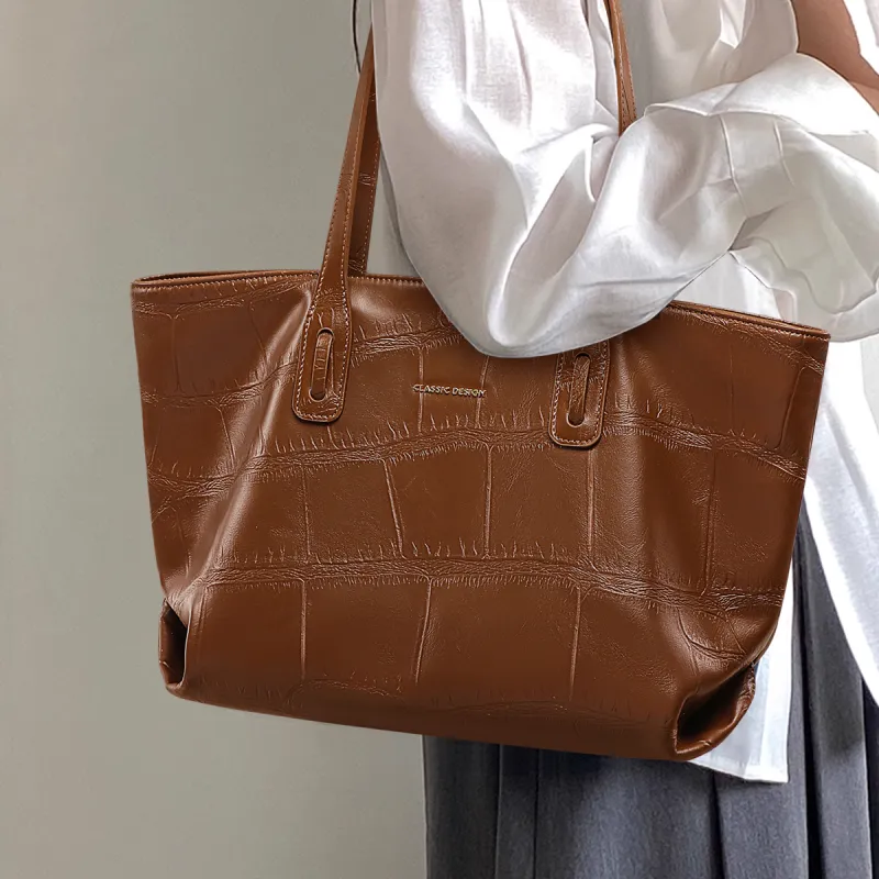 PT'SON Cow Leather Patchwork Synthetic Leather Tote Bag Shopping Bag Shoulder Bags Regular Women's Brown-1