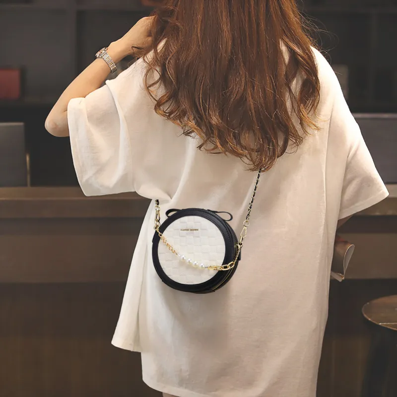 PT'SON Cow Leather Small Round Bag Shoulder Bag Trumpets Women's Black & White-1
