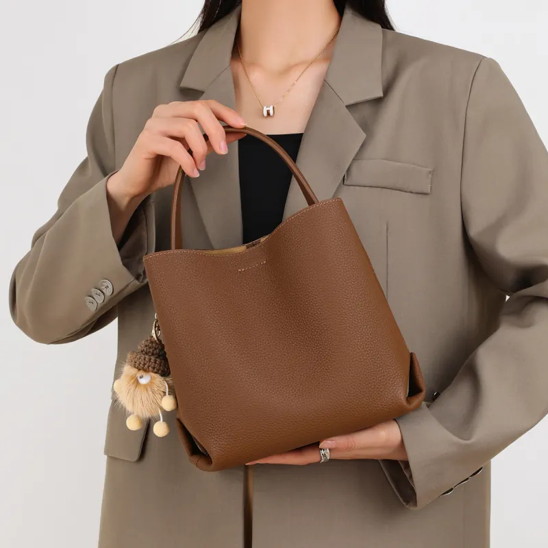 PT'SON Cow Leather, Synthetic Leather Bucket Bag Handbag Regular Women's Vanilla/Cool Tea Brown/Hot Cocoa-11