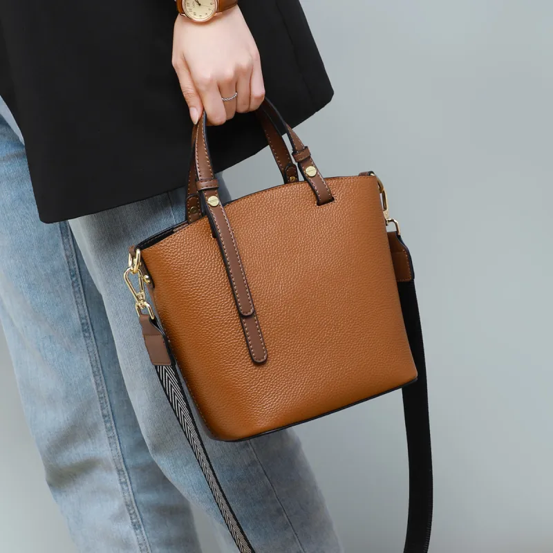 PT'SON Cow Leather Bucket Bag, One Shoulder Handbag Tubas Women's Caramel-1