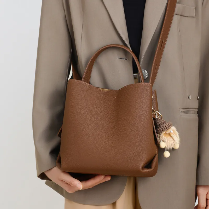 PT'SON Cow Leather, Synthetic Leather Bucket Bag Handbag Regular Women's Vanilla/Cool Tea Brown/Hot Cocoa-10