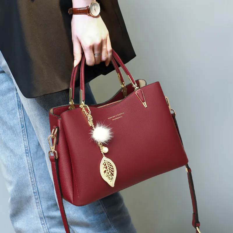 PT'SON Cow Leather Patchwork Synthetic Leather One Shoulder Handbags Large Size Women's Ecru/Burgundy-3