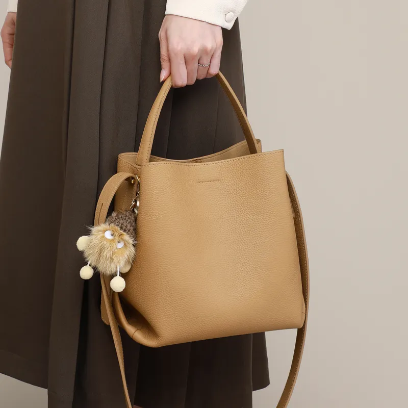 PT'SON Cow Leather, Synthetic Leather Bucket Bag Handbag Regular Women's Vanilla/Cool Tea Brown/Hot Cocoa-1