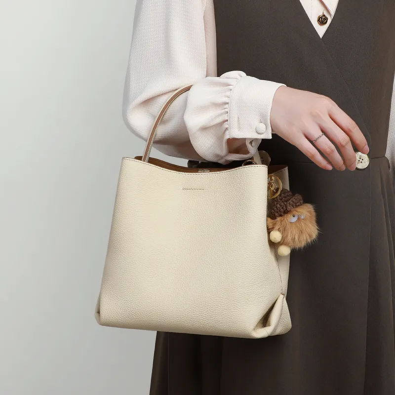PT'SON Cow Leather, Synthetic Leather Bucket Bag Handbag Regular Women's Vanilla/Cool Tea Brown/Hot Cocoa-5