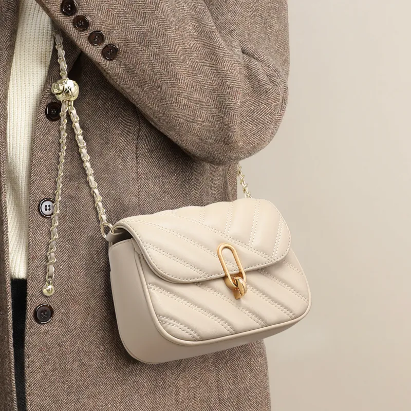 PT'SON Synthetic Leather Small Square Bag, Chain Bag, Shoulder Bag, Crossbody Bag Small Size Women's Ecru-2